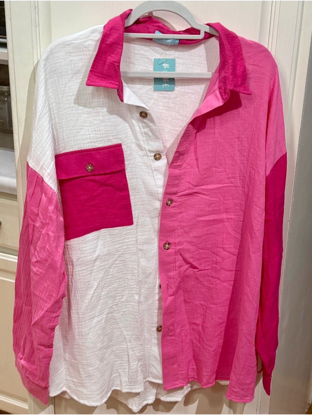 Women’s Colorblock Gauze Button-Down Shirt - Pink & White